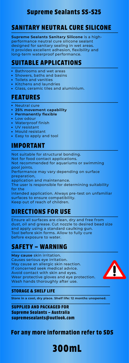 Supreme Sealants SS-S25 sanitary silicone label with applications, features and directions